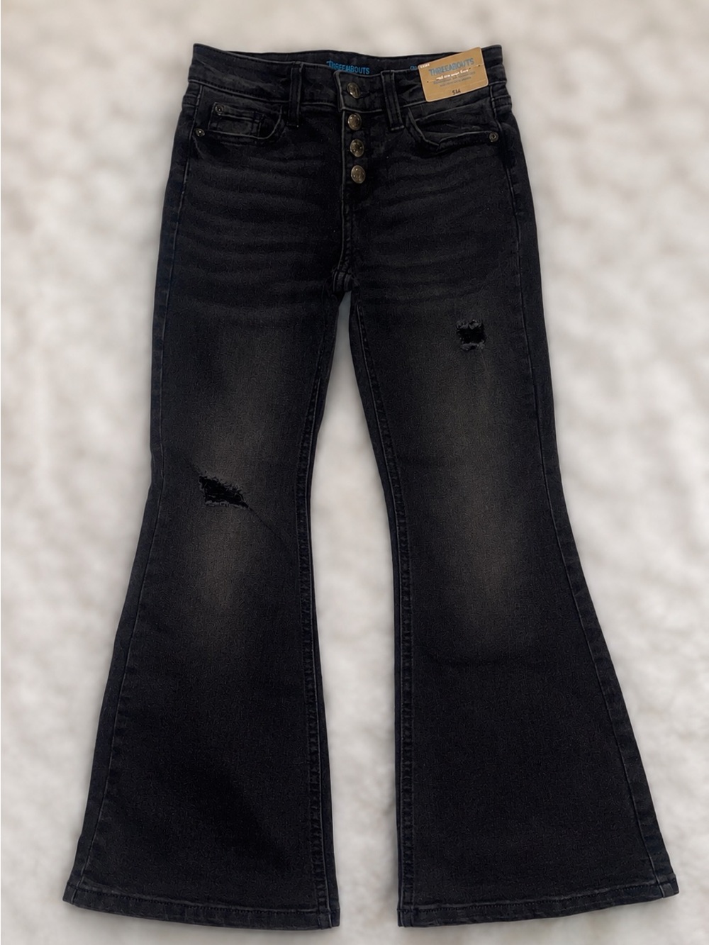 Girl’s Black Mid-Rise Flare Jeans with Distressed Detail